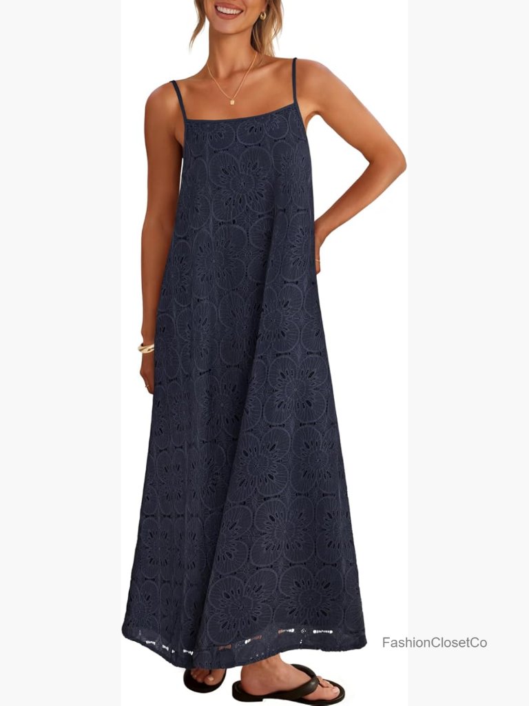 Sleeveless Spaghetti Strap Lace Eyelet Boho Maxi Dress With Pockets